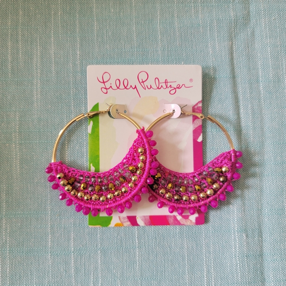 New - Gorgeous Lilly Pulitzer Large Hot Pink & Gold Bead Hoop Earrings